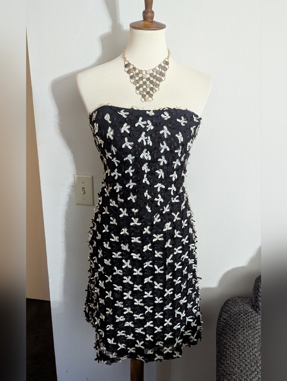 Vtg White House Black Market 3D Bow Strapless Mesh Mini Dress 2 Y2K Coquette